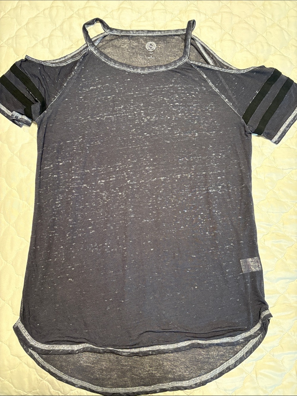 SO Girls' Heather Charcoal Cold-Shoulder Tee with Black Sport Stripes